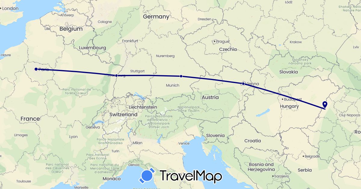 TravelMap itinerary: driving in Austria, Germany, France, Romania (Europe)